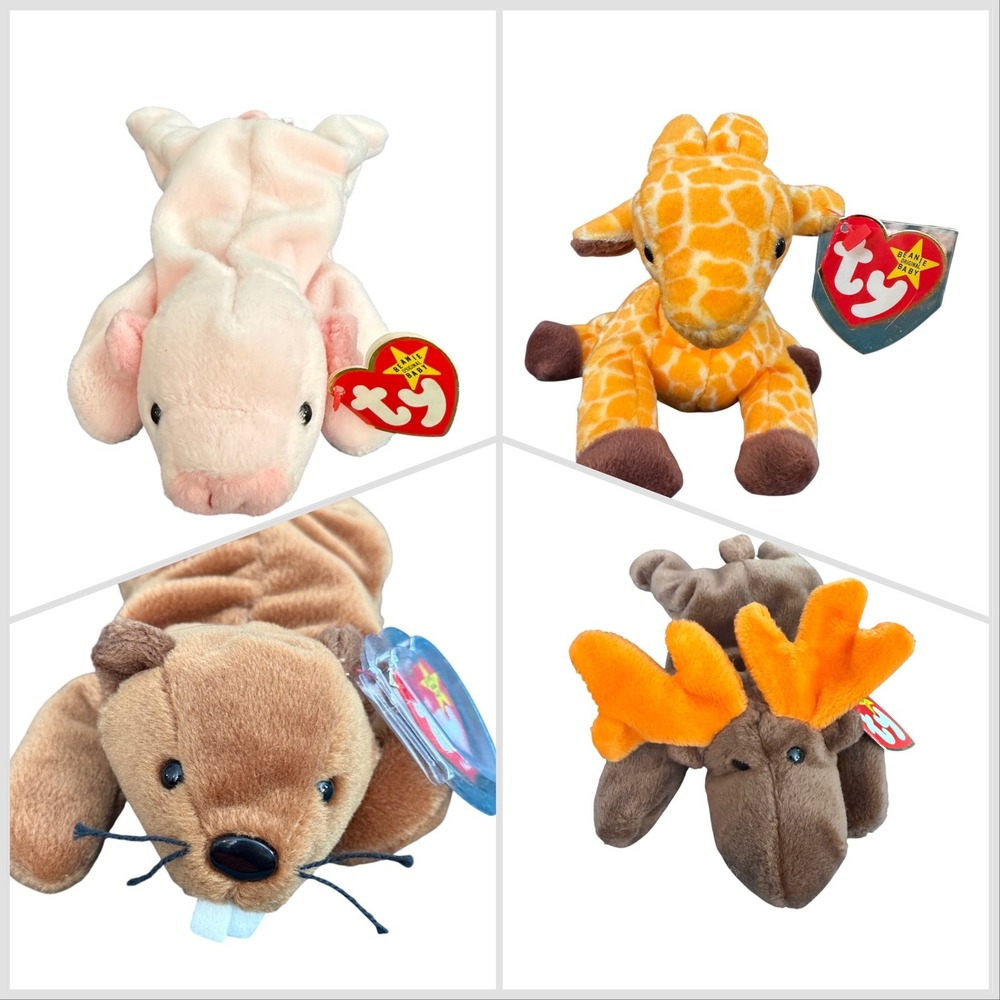 Ty Beanie Babies Lot Bucky Beaver Squealer Pig Chocolate Moose Twigs Giraffe PVC